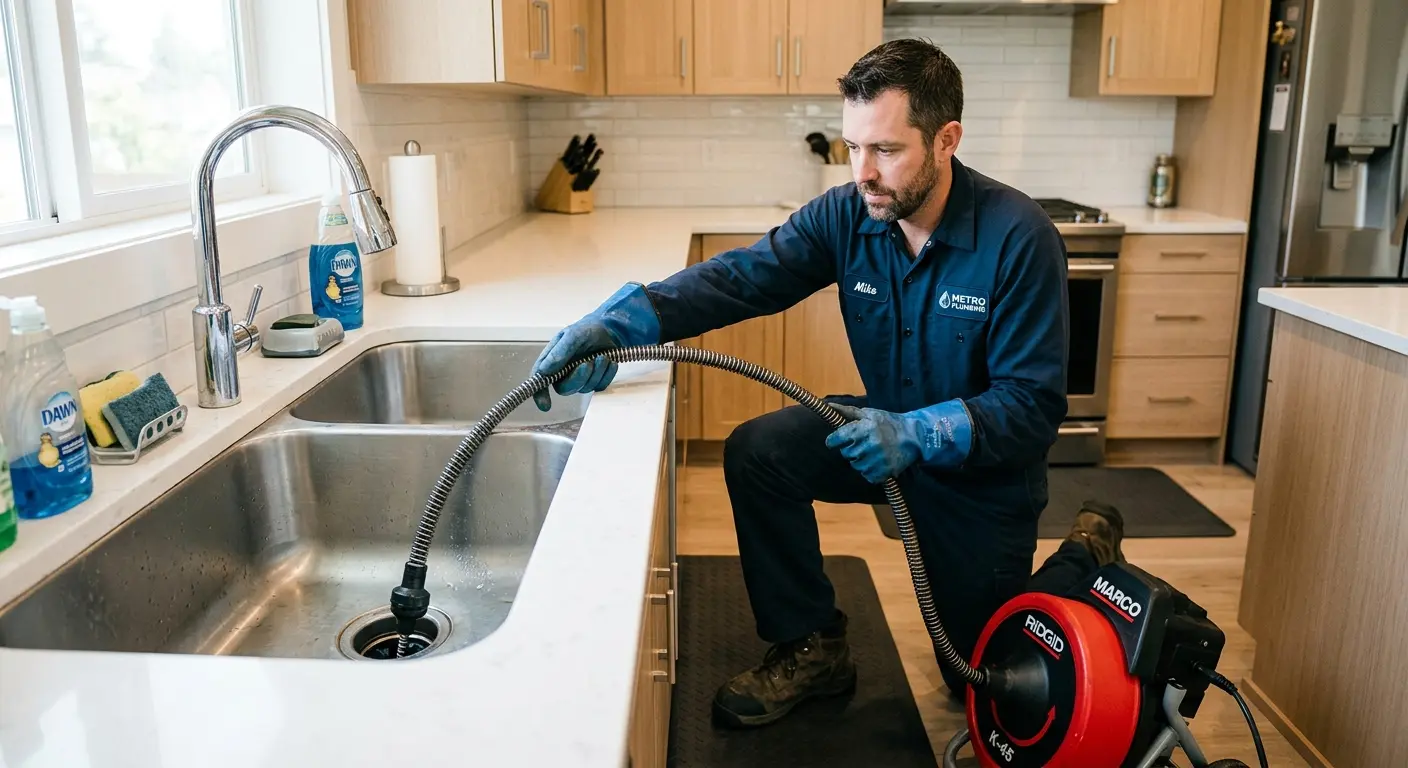 Drain cleaning technician using a motorized snake on a kitchen sink in Forestville