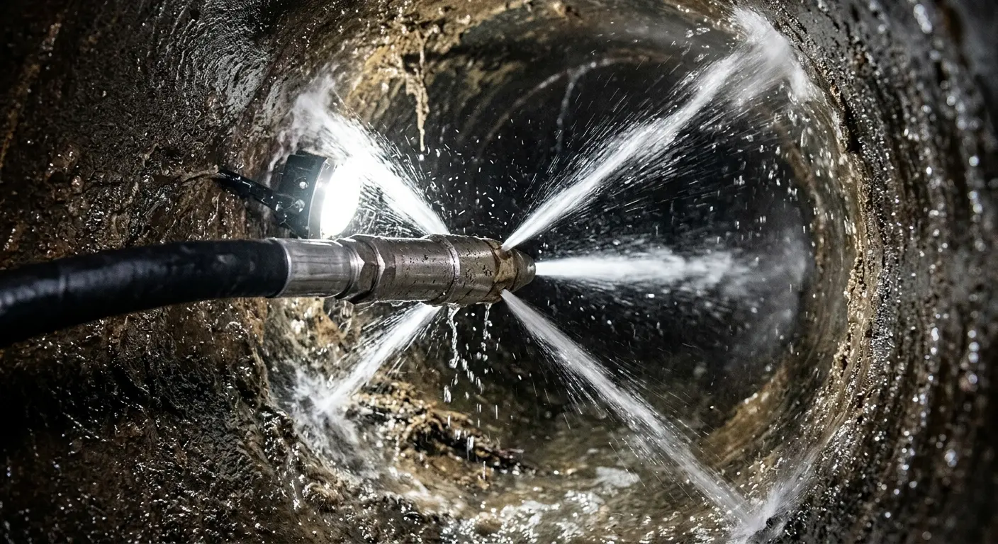 High-pressure hydro jetting nozzle cleaning sewer pipe for Storm Drain Cleaning in Forestville