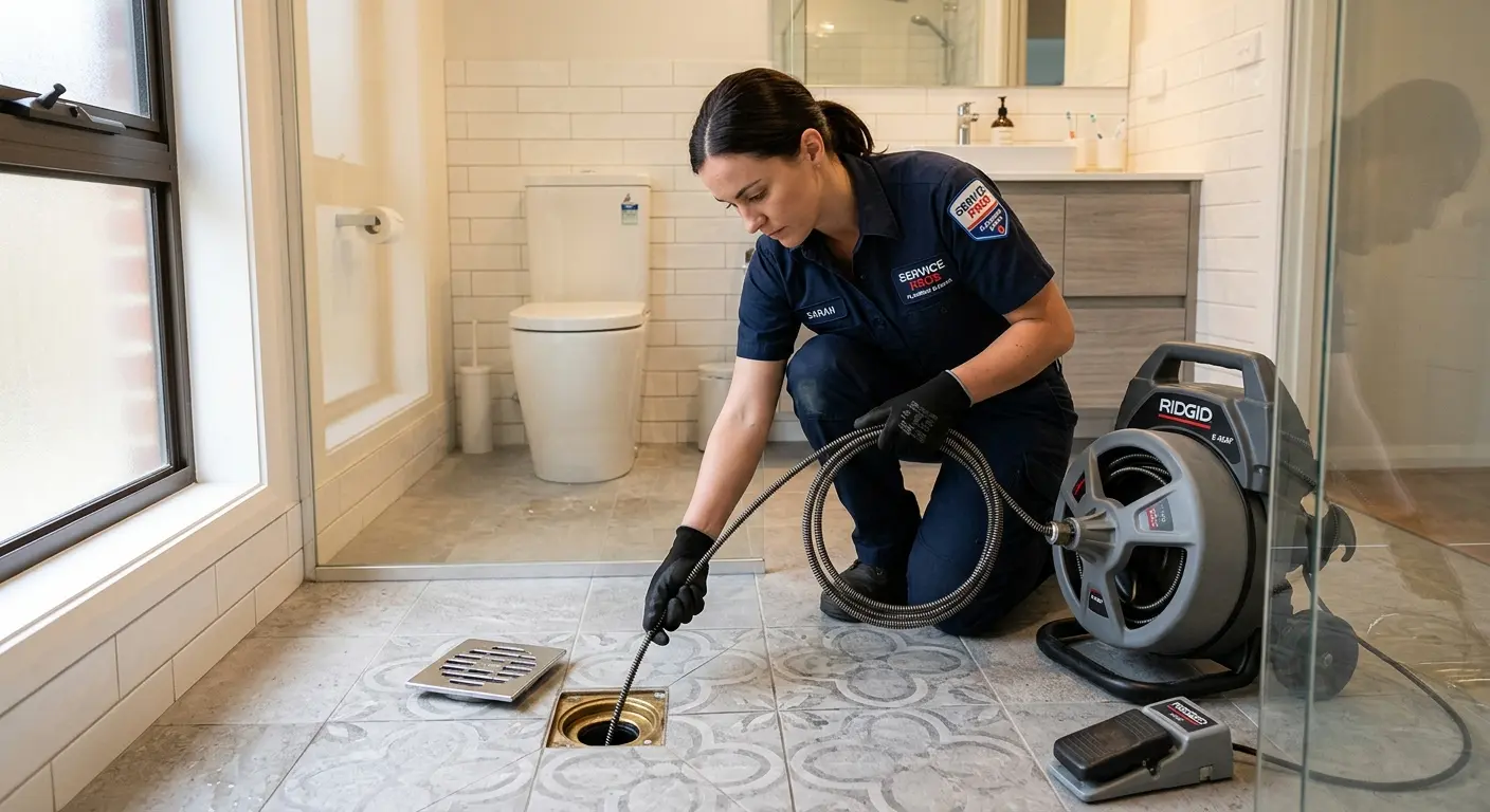 Technician clearing a bathroom floor drain for Clogged Drain Repair in Forestville